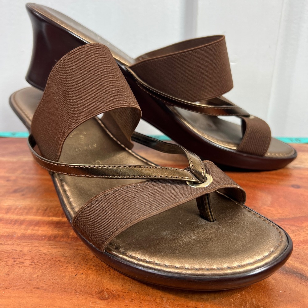 Italian Shoemakers Brown Bronze Elastic Wedge Sandals Size 10 Made in Italy
